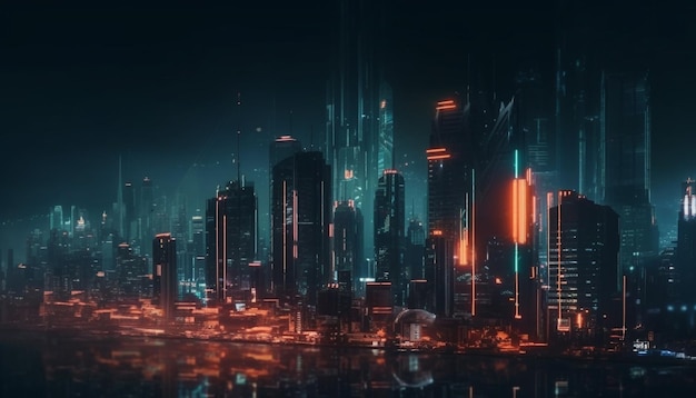 未来的な超高層ビルが AI によって生成された近代的な都市のスカイラインを照らす