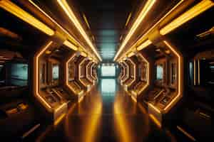 Free photo futuristic spaceship corridor with glowing yellow neon lights generative ai