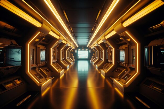 Futuristic spaceship corridor with glowing yellow neon lights generative ai