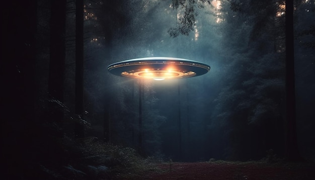 Futuristic spaceship flies through spooky forest illuminated by moonlight generated by AI