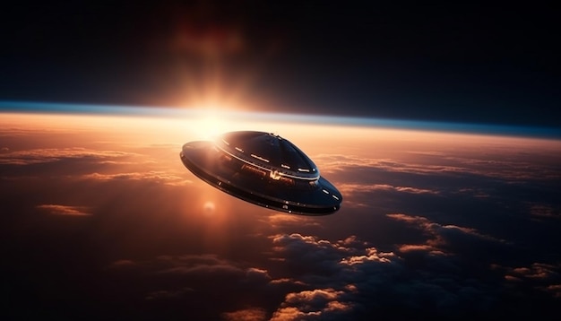 Футуристический космический корабль левитирует в темной атмосфере, исследуя загадочную галактику, созданную искусственным интеллектом
