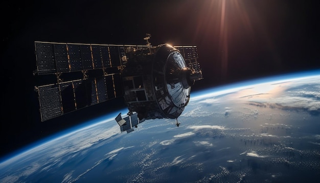 Бесплатное фото Футуристический космический корабль, вращающийся вокруг планеты в глубоком космосе, созданный ии