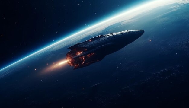 Futuristic spaceship orbits galaxy exploring deep space with advanced technology generated by AI