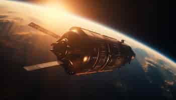 Бесплатное фото Футуристический космический корабль вращается вокруг планеты в галактике с помощью передовых технологий, созданных искусственным интеллектом
