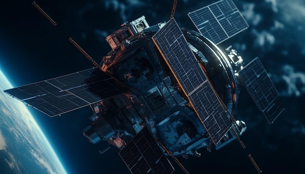 Бесплатное фото Футуристический космический корабль на орбите планеты питается от солнечных батарей и топлива, генерируемого искусственным интеллектом