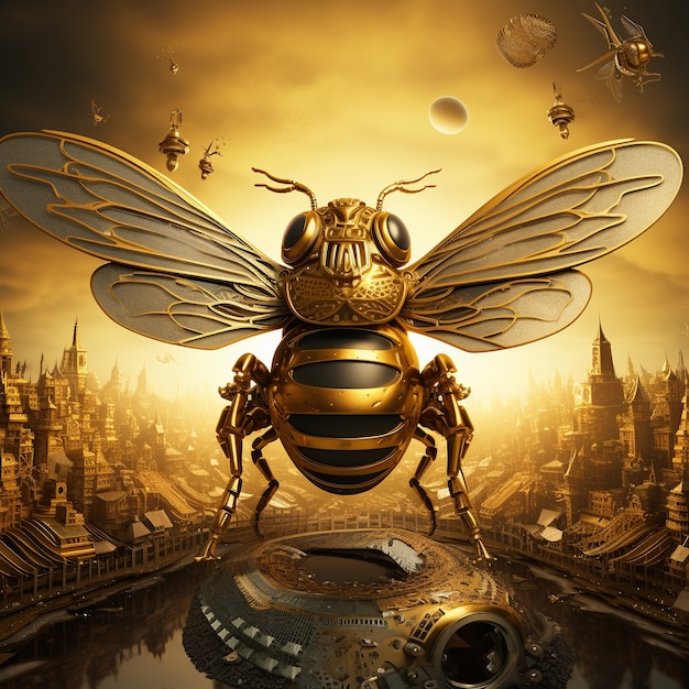 Бесплатное фото Пчела в футуристическом стиле на открытом воздухе