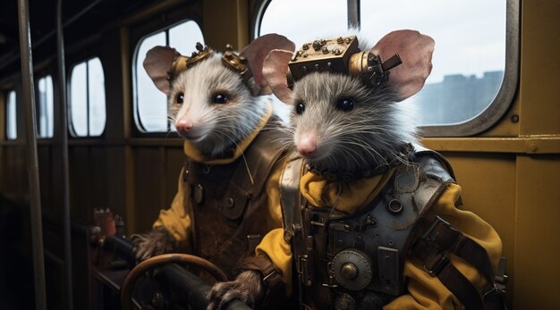 Futuristic style possums wearing clothing