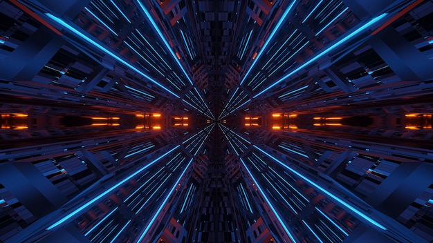 Бесплатное фото Футуристическая симметрия и отражение абстрактный фон с оранжевыми и синими неоновыми огнями