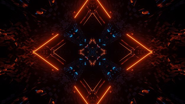 Futuristic symmetry and reflection abstract background with orange and blue neon lights