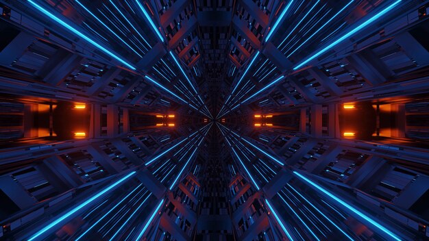 Futuristic symmetry and reflection abstract background with orange and blue neon lights