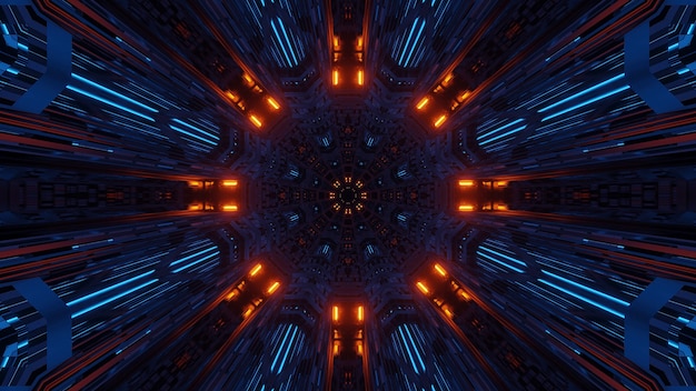 Futuristic symmetry and reflection abstract space with orange and blue neon lights