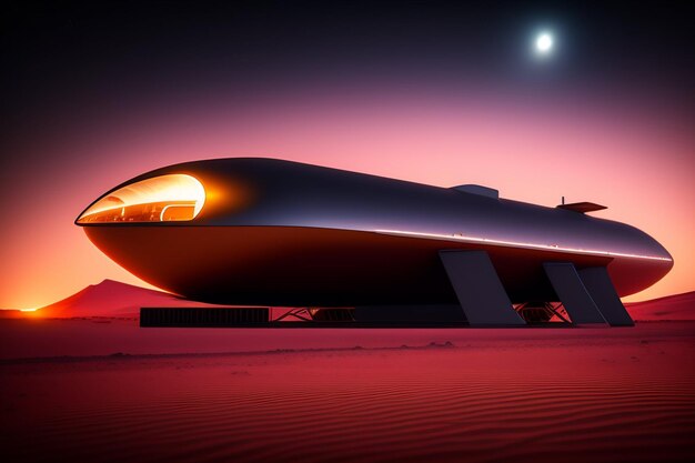 A futuristic train in the desert with the moon in the background.