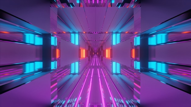 Futuristic tunnel corridor with neon glowing lights, a  3D rendering background wallpaper