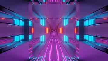 Бесплатное фото Футуристический туннельный коридор с неоновыми светящимися огнями, фоновые обои 3d-рендеринга