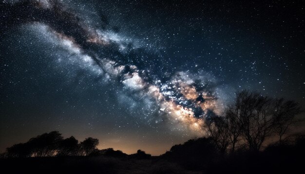 Galaxy star field illuminates dark mountain landscape generated by AI