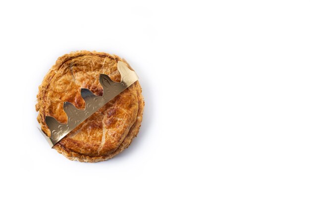 Galette des rois isolated on white background. Traditional Epiphany cake in France