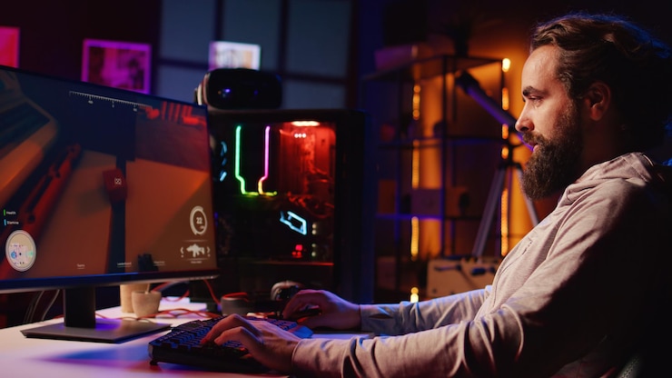 Free Photo gamer battling robots with futuristic gun in online singleplayer shooter