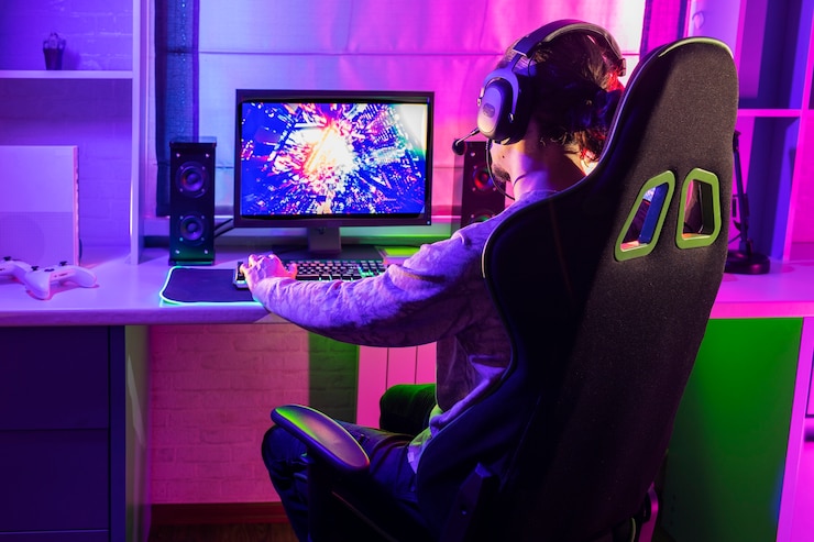 無料Photo 室内で遊ぶゲーマーのミディアムショット