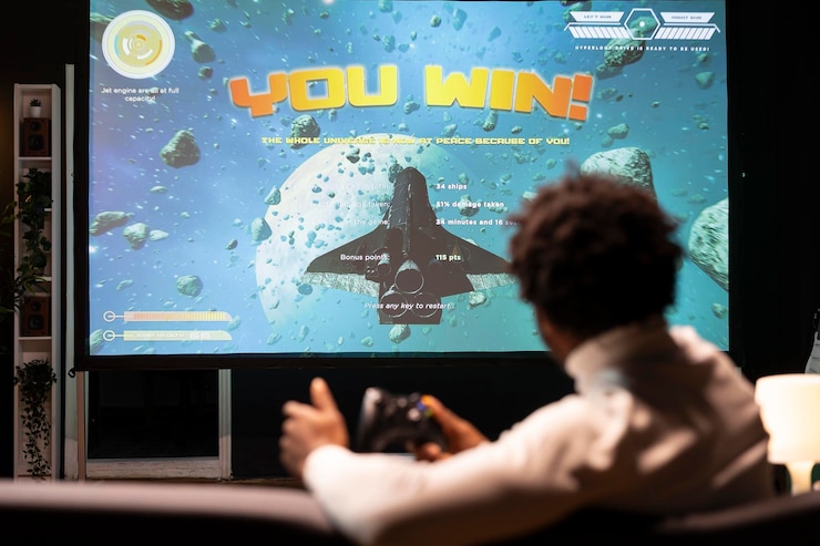 無料Photo すべてのビデオゲームレベルを完了した後に勝利のメッセージを受け取るゲーマーが統計を見ています