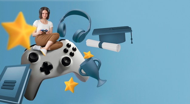 Gamification concept with woman on controller