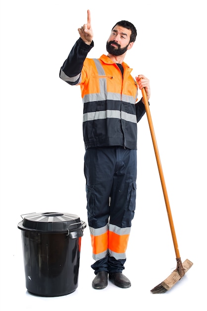 Free photo garbage man touching on transparent screen