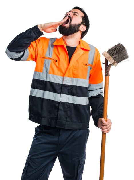 Garbage man yawning