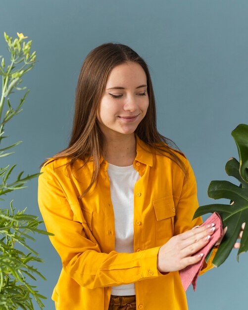 Gardener cleaning the leaves of a plant