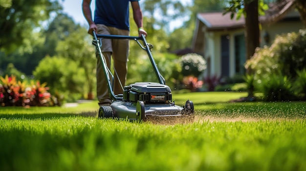 Free photo a gardener cuts the grass in a backyard