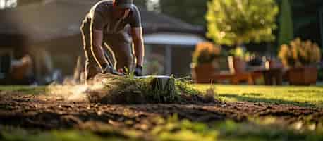 Foto gratuita un giardiniere che installa un nuovo prato per un prato