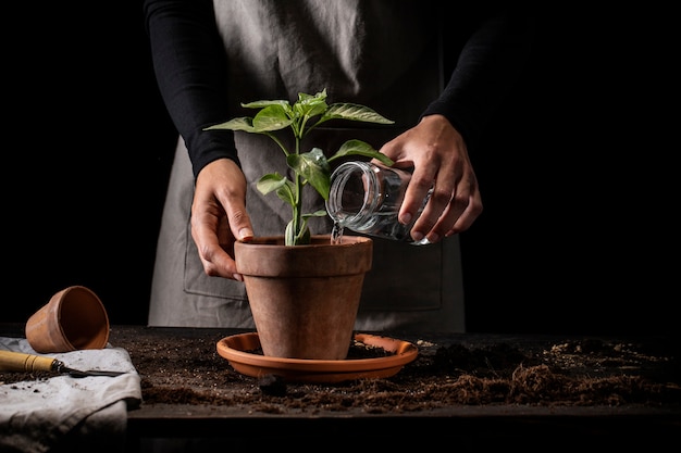 Бесплатное фото Садовник с фартуком, поливающий растения, вид спереди