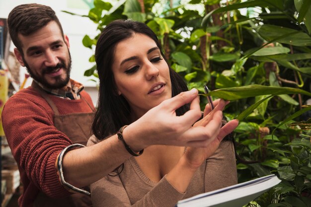 Gardeners looking at green plant