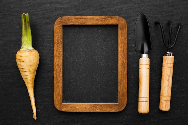 Gardening arrangement on dark background with frame