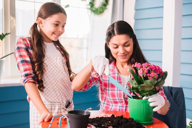 Gardening concept with mother and daughter