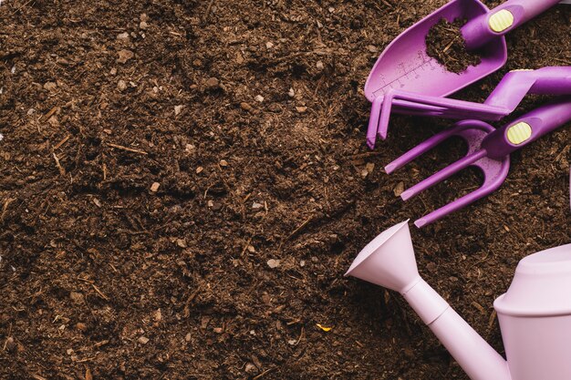 Gardening concept with shovel, watering pot and space on left