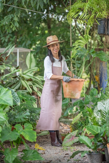 Gardening, planting concept. Businesswoman choosing potted plants. Happy young asia tree shop owner holding pot with big monstera plant and smiling.