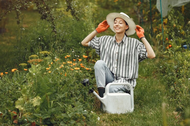 무료 Photo 여름에 원예. 물을 수있는 꽃을 급수하는 여자. 모자를 쓰고 소녀입니다.