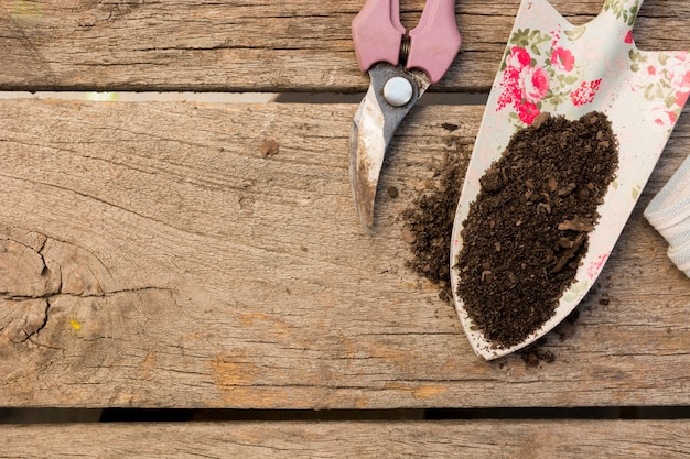 Gardening tools arrangement on wooden background with copy space