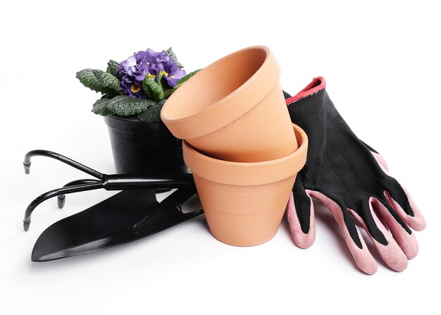 Gardening tools and flower pot isolated