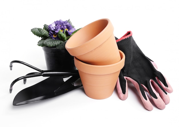 Gardening tools and flower pot isolated