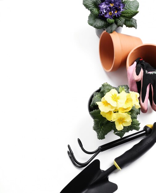 Gardening tools and flower pot isolated