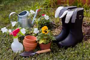 Free photo gardening tools and flowers on ground