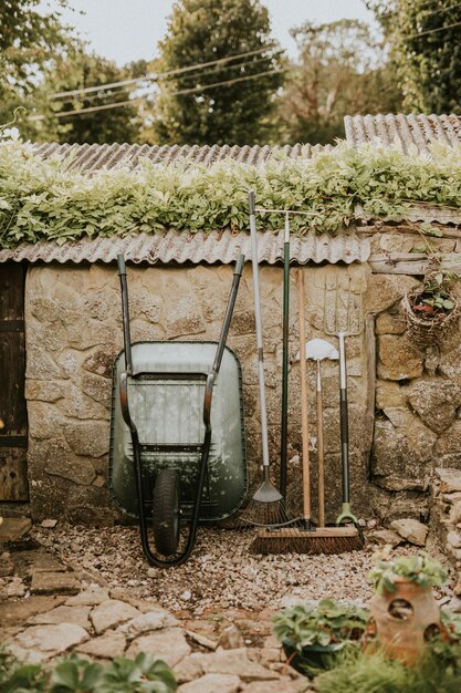 Gardening tools leaning on a shed