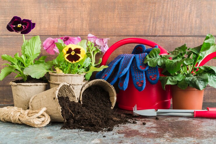 Free Photo gardening tools; rope; watering can; gloves on concrete backdrop against wooden wall