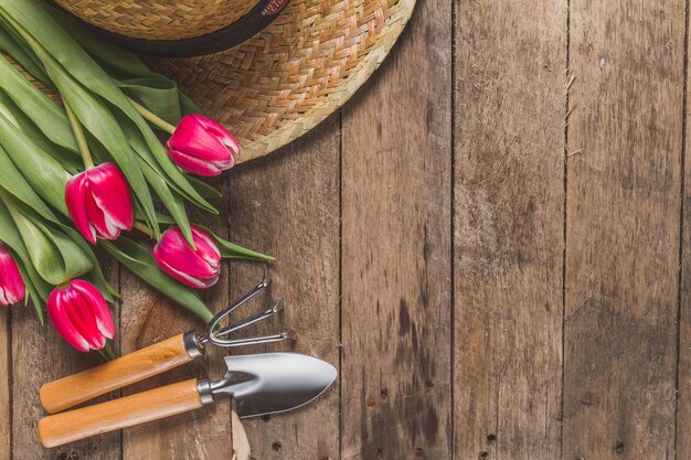 Gardening tools and tulips on wooden table