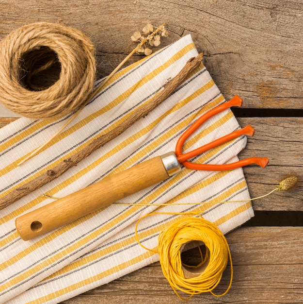 Gardening tools on wooden table