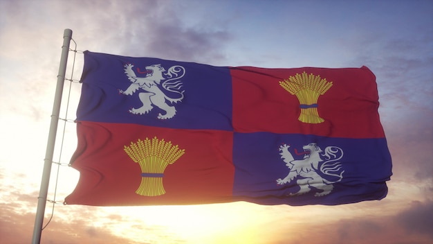 Gascogne flag, france, waving in the wind, sky and sun background. 3d rendering