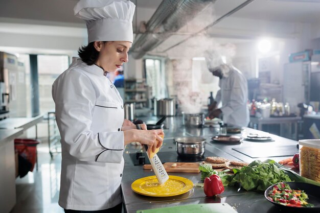 Gastronomy expert grating piece of cheese on a plate while preparing culinary dish for dinner service at restaurant. Culinary gastronomic chef cooking fine dining meal in professional kitchen.