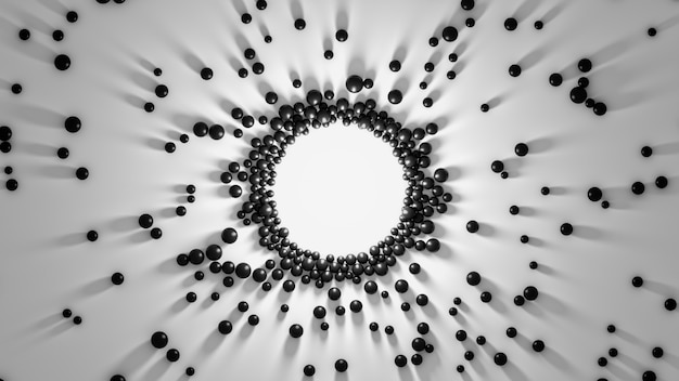 Gathering of black spheres to the center light background. Attraction of objects with long shadows. Magnetic attraction of objects to central formation render.