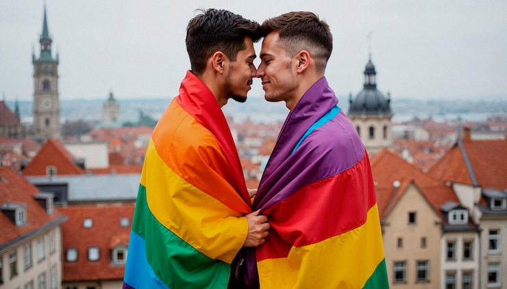 Free Photo gay couple embracing with rainbow flag, celebrating love and pride