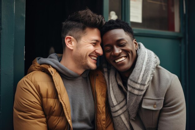 Free photo gay couple happy expression outdoors in a city ai generated